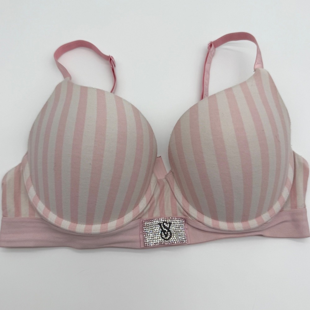 Victorias Secret Pink Stripe Rhinestone T-Shirt Push-Up Full Coverage Bra 36C